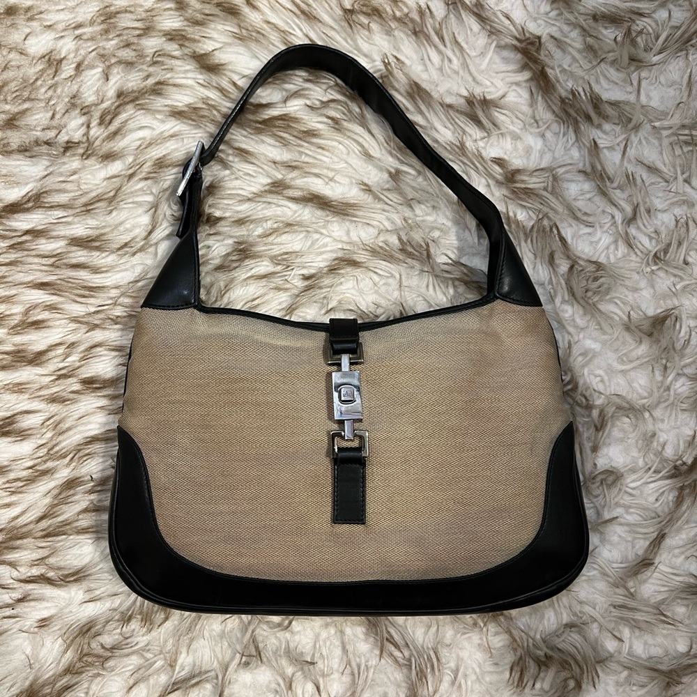 Vintage Gucci Jackie 1961 Beige Canvas Black Leather Handbag
